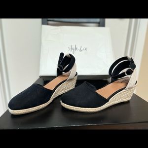 NWT/Box | Style & Co. | Mailena Closed Toe Black/Beige Ankle Strap Wedge Sandal